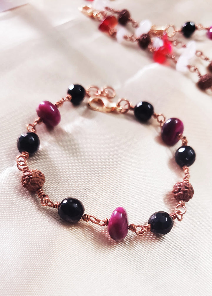 Rudraksha with Natural Stone wrapped with Copper Handmade bracelet