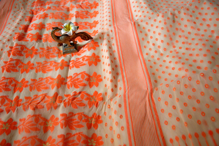 Orange bordered Beige color multi-buti Jamdani saree