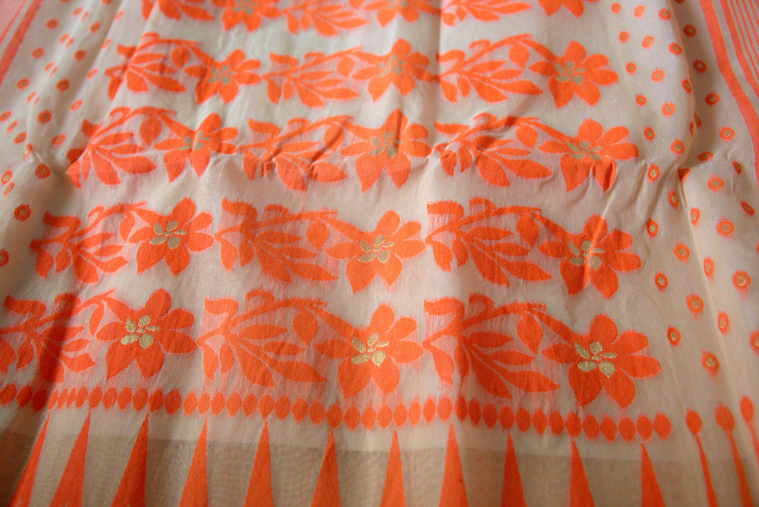 Orange bordered Beige color multi-buti Jamdani saree