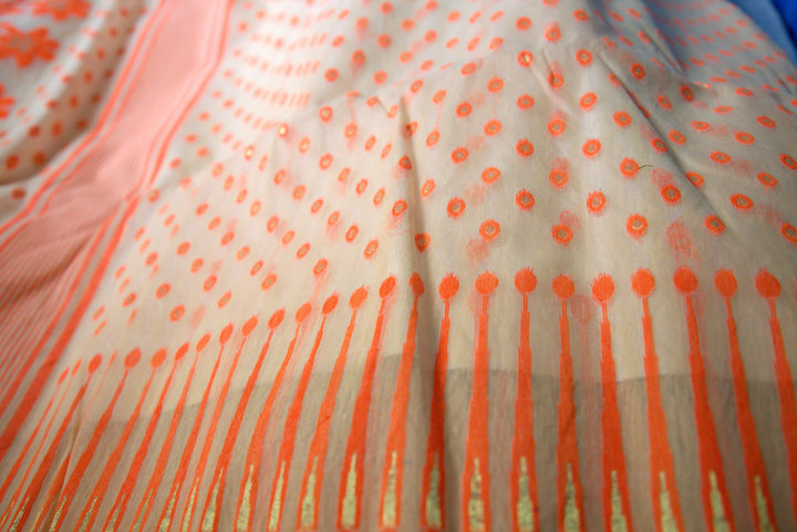 Orange bordered Beige color multi-buti Jamdani saree