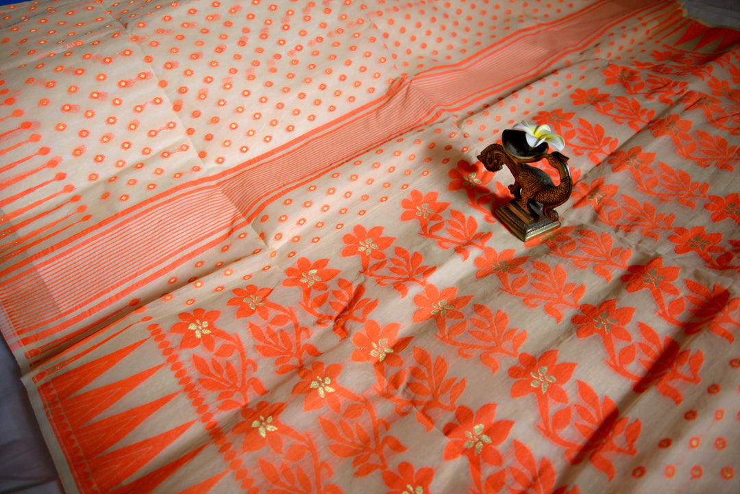 Orange bordered Beige color multi-buti Jamdani saree