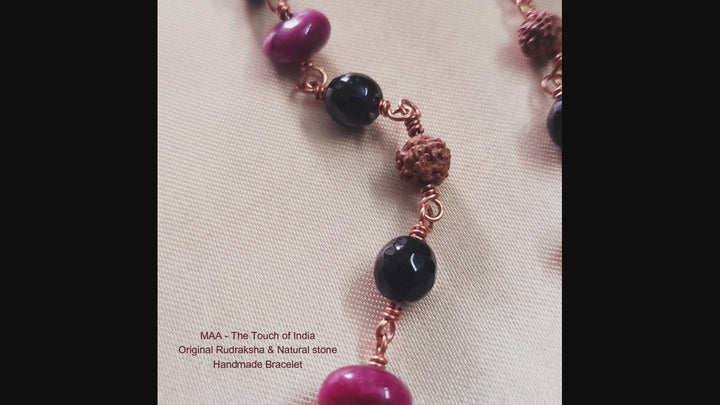 Rudraksha with Natural Stone wrapped with Copper Handmade bracelet